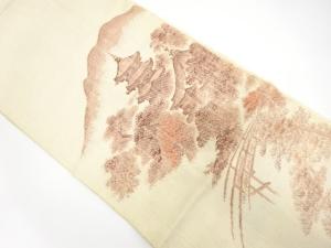 アンティーク　手織り紬　寺院風景模様織り出し名古屋帯